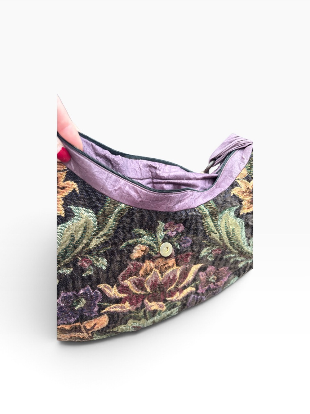 Floral Tapestry Hobo Shoulder Bag Beaded Strap Mauve Boho 17x15 - Picture 14 of 15